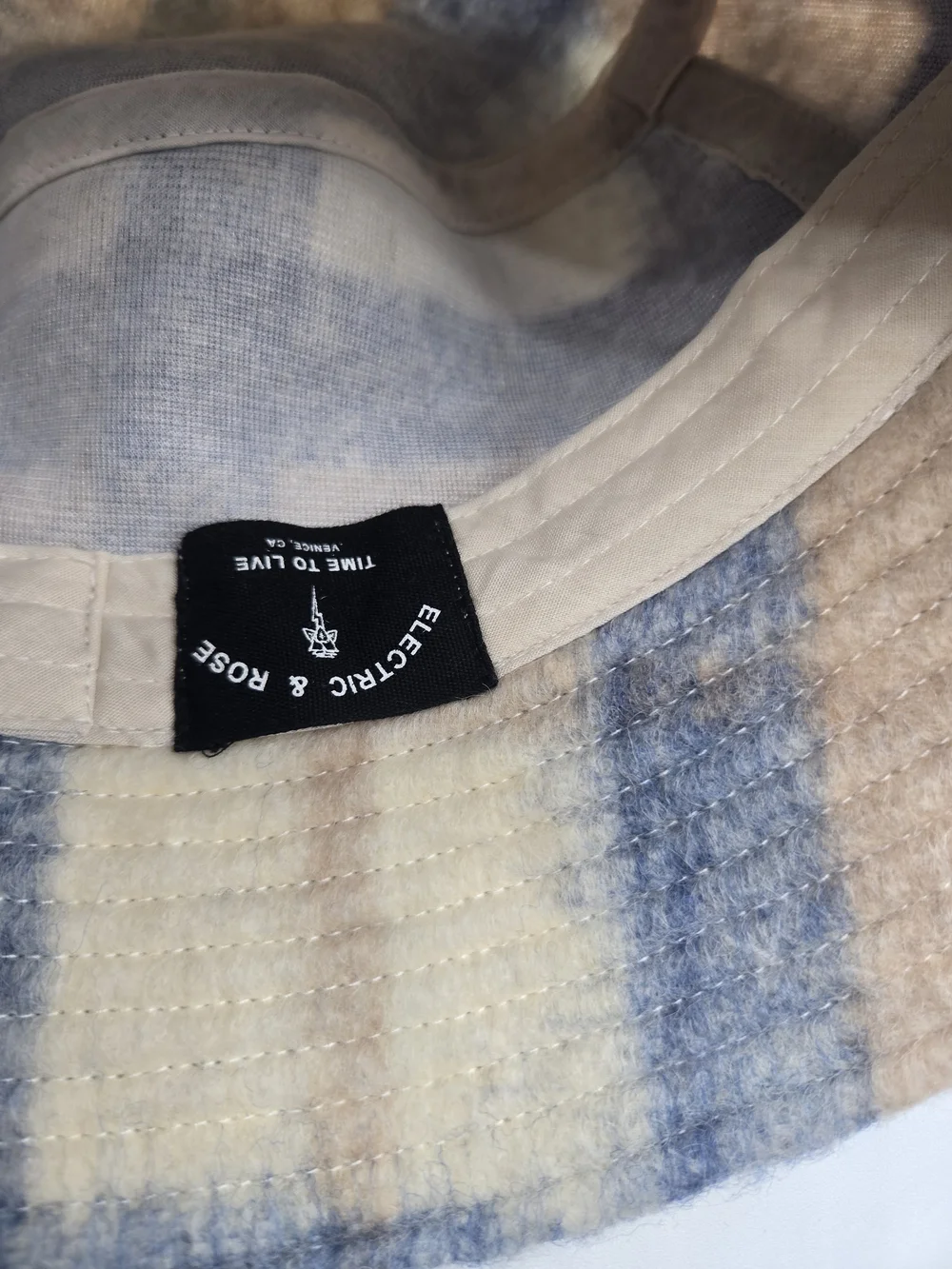 Electric & Rose Plaid Fuzzy Bucket Hat Blue Cream Beige Wool Blend Cozy